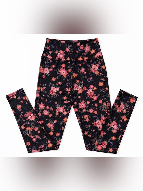 Fabletics Pants - Fabletics Black Floral High-Rise Leggings with Pink & Orange Flowers